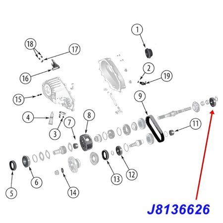 Bearing front or rear Output Shaft on NP228, NV241, NV241OR, MP1522, MP1622CC, MP2010, MP3022 or MP3023 Transfer Case. Jeep Cherokee XJ / Wrangler TJ / JK / JL / Grand Cherokee WK2 / WL / Gladiator JT (1984-2026), exploded drawing showing position of bear