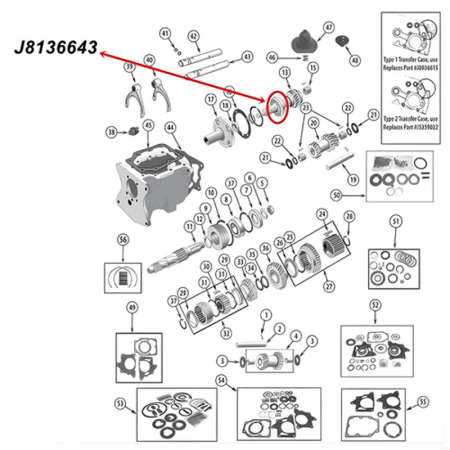 Lager Eingangswelle T90 T150 Schaltgetriebe Jeep CJ / SJ / Willys (46-79), Explosionszeichnung, die mit rotem Pfeil die Position des Lagers am Schaltgetriebe zeigt.