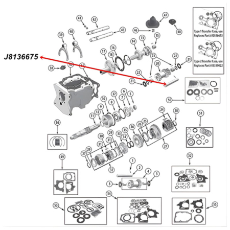 Countershaft T150 Transmission Jeep CJ (76-79), exploded drawing highlighting the position of Countershaft on Transmission with a red arrow.