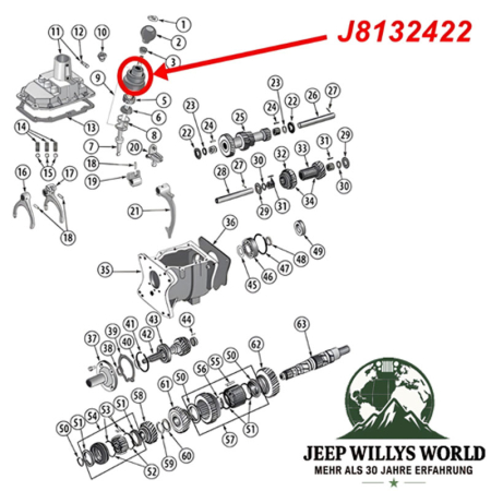 Manschette Schalthebel T176 T177 Schaltgetriebe Jeep CJ / SJ (80-86), Expolosionszeichnung die mit rotem Pfeil die Position der Manschette am Schaltgetriebe zeigt.