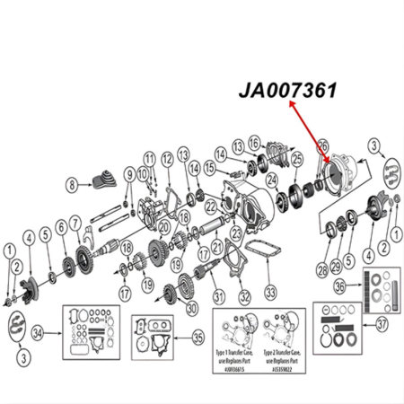 Gehäusedichtung Dana 20 Verteilergetriebe Ausgang hinten Jeep CJ 62-79, Explosionszeichnung, die mithilfe eines roten Pfeils die Position der Dichtung zeigt.