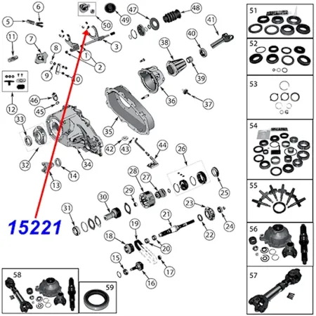 Mittlere Schaltführung für die Mode Schaltgabel für NP231 und NV241OR Verteilergetriebe. Jeep Cherokee XJ / Wrangler YJ / TJ / JK / Grand Cherokee ZJ / ZG (1994-2018), Explosionszeichnung die die Position der Führung am Verteilergetriebe zeigt.