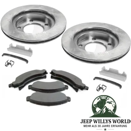 Scheibenbremsen Set vorne Jeep CJ5 CJ7 77-78, Bremsscheiben, Bremsklötze und Befestigungsclips abgebildet.