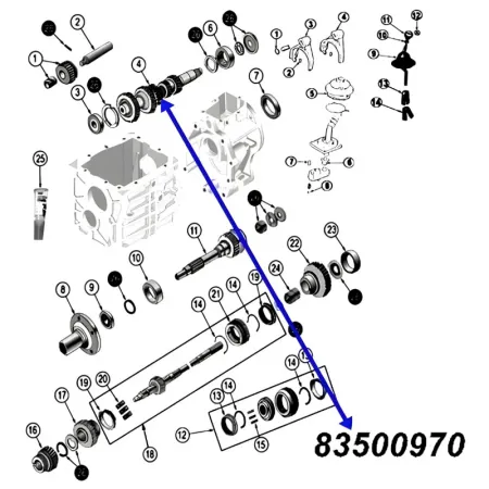 Cluster Gear T4 Transmission Jeep CJ (82-86), exploded drawing highlighting the position of Cluster Gear on Transmission with a blue arrow.