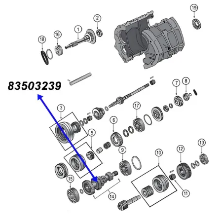 Vorgelegewelle BA10/5 Schaltgetriebe Jeep Cherokee XJ / Wrangler YJ (87-89), Explosionszeichnung die mit blauem Pfeil die Position der Vorgelegewelle am Schaltgetriebe zeigt.