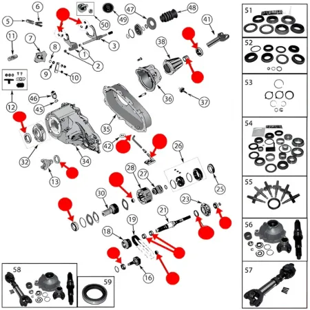Master Rebuild Repair Kit for NP231 Transfer Case including all needed Parts (Oil Seals, Bearings, RTV, Shift Fork Inserts and Oil Filter). Jeep Cherokee XJ / Wrangler YJ / TJ (1987-2006), exploded drawing highlighting all Set Items with red.