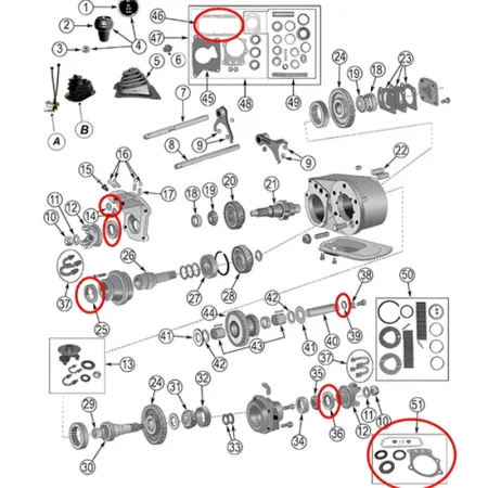 Dichtsatz Überholsatz Master Kit Dana 300 Verteilergetriebe Jeep CJ 80-86, Explosivzeichnung mit roten Highlights an den Setbestandteilen.