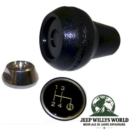 Shift Knob Kit T4 T176 T177 Transmission Jeep CJ / SJ / Cherokee XJ (80-86), full scope of delivery pictured (Shift Knob, Shift Pattern Insert, Nut).