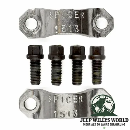 Kardan Bügel Kit Kreuzgelenk Kardanwelle vorne oder hinten Jeep CJ Wrangler Grand Cherokee Commanche 74-06, 2 Bügel und 4 Sechskantschrauben von oben abgebildet.