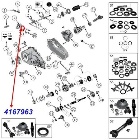 Shift Lever O-Ring for NP231, NP242, NP249 and NV247 Transfer Case. Jeep Cherokee XJ / Wrangler YJ /TJ / Grand Cherokee ZJ / ZG / WJ / WG / Comanche MJ (1987-2006), exploded drawing showing position of Ring on Transfer Case.