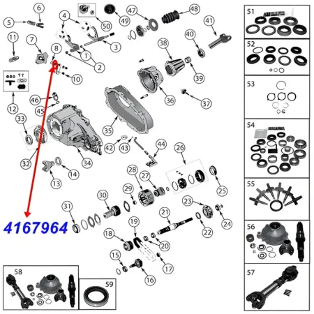 Haltering für den Schalthebel, Schaltstock am NP231, NP242 und NP249 Verteilergetriebe. Jeep Cherokee XJ / Wrangler YJ / TJ / Grand Cherokee ZJ / ZG / Comanche MJ (1987-2006), Explosionszeichnung, die die Position der Halterings am Getriebe zeigt.