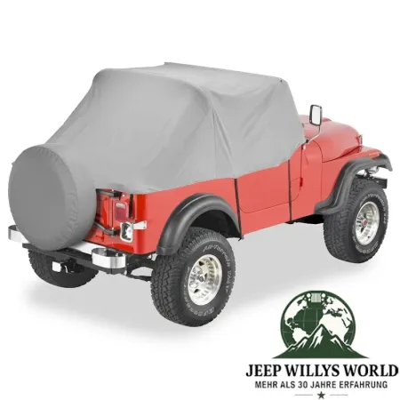 Trail Cab Cover Fahrzeugabdeckung Vinyl Grau Pavement Ends Bestop Jeep CJ7, YJ (76-91), montiert.