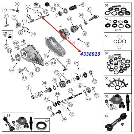 Mode Shift Fork and 10.25" (260 mm) Shaft for NP231 Transfer Case. Jeep Cherokee XJ / Wrangler YJ / Comanche MJ (1987-1995), exploded drawing showing position of Fork on Transfer Case.