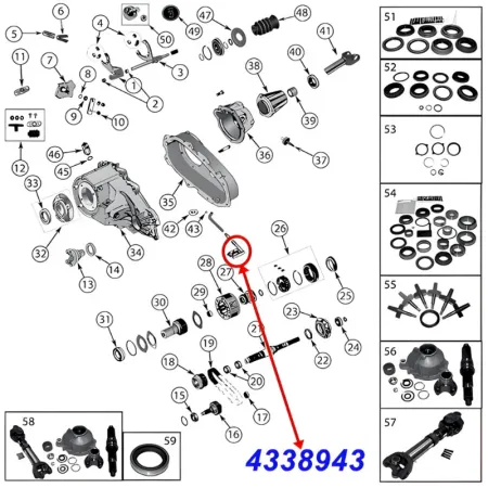 Oil Filter for NP231 and NP242 Transfer Case. Jeep Cherokee XJ / Wrangler YJ / TJ / Grand Cherokee ZJ / ZG / WJ / WG (1987-2006), exploded drawing showing position of filter on transfer case.