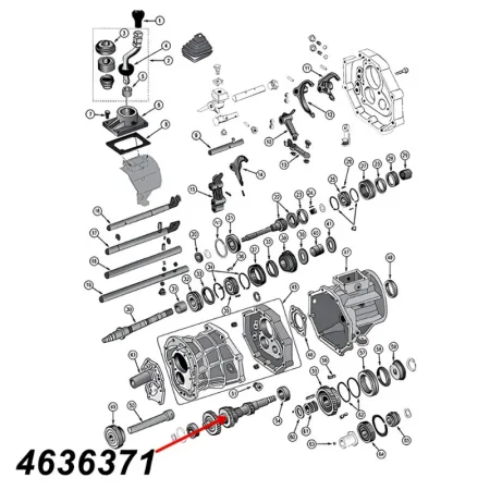 Vorgelegewelle AX15 Schaltgetriebe Jeep Cherokee XJ / Wrangler YJ / TJ / Grand Cherokee ZJ (88-99), Explosionszeichnung die mit roten Pfeilen die Position der Welle am Schaltgetriebe zeigt.