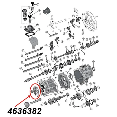 Lagerhalter, Gehäusedeckel vorne am AX15 Schaltgetriebe. Jeep Cherokee XJ / Wrangler YJ / TJ / Grand Cherokee ZJ / ZG (1994-1999), Explosionszeichnung, die mit rotem Pfeil die Position des Halters am Schaltgetriebezeigt.