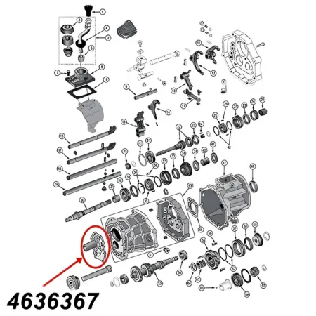 Lagerhalter, Gehäusedeckel vorne am AX15 Schaltgetriebe. Jeep Cherokee XJ / Wrangler YJ  Grand Cherokee ZJ / ZG (1992-1993), Explosionszeichnung, die mit rotem Pfeil die Position des Halters am Schaltgetriebezeigt.
