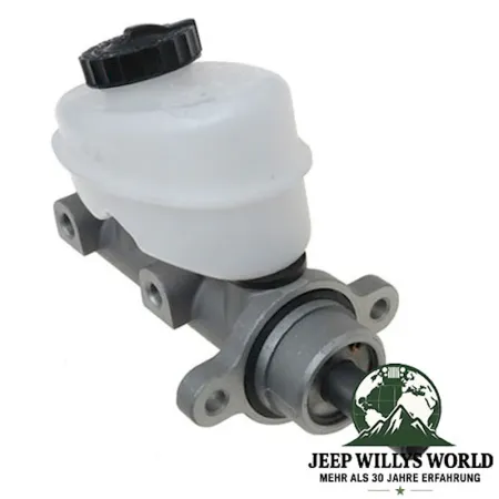 Hauptbremszylinder 10" Trommelbremse Jeep CJ5 CJ7 78-86 mit Bremskraftverstärker, seitlich / frontal, Anschluss zu erkennen.