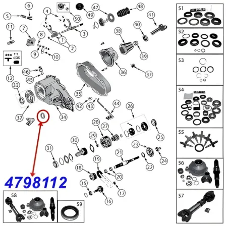 Output Oil Seal (front) for NP231 Transfer Case. Jeep Cherokee XJ / Wrangler TJ (1996-2006), exploded drawing showing position of Seal on Transfer Case.