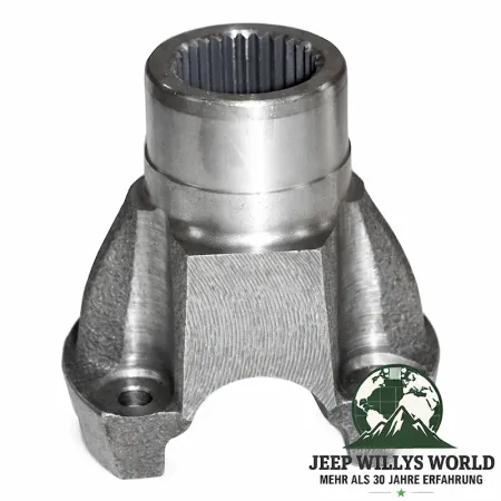 Propeller Drive Shaft Yoke Strap and Bolt Style Dana 30 Front Axle, 44 Rear Axle, 300 Transfer Case Jeep CJ Wrangler Cherokee Commanche 66-93, slightly tilted top side view with full product visable.