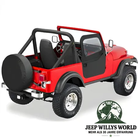 Upper Half Fabric Doors for Element Doors Soft Top Black Denim with clear Windows Jeep CJ7, Wrangler YJ (80-95). mounted.