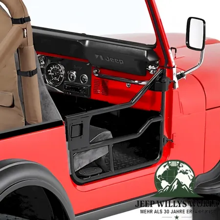 Element Doors Halbtüren HighRock 4x4 Matt Schwarz Bestop, pulverbeschichtet Jeep CJ7 (76-80). montiert Nahansicht.