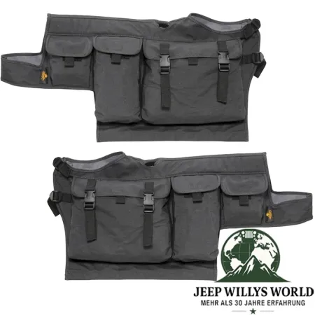 Stautaschen Set Vinyl Black Denim für Bestop High Rock 4x4 Element Doors Jeep CJ7, CJ8, Wrangler YJ, TJ (76-06). Nahansicht, an geschlossener Halbtür.