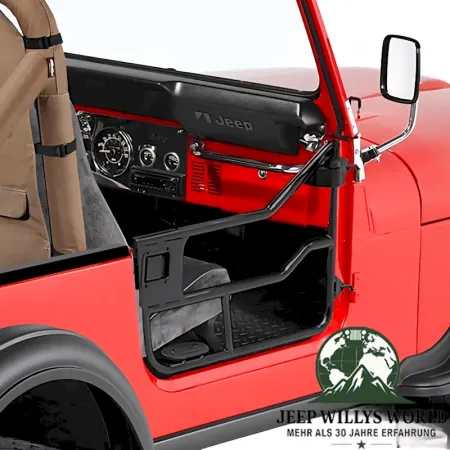 Element Doors Halbtüren HighRock 4x4 Matt Schwarz Bestop, pulverbeschichtet Jeep CJ7 (76-80). montiert Nahansicht.
