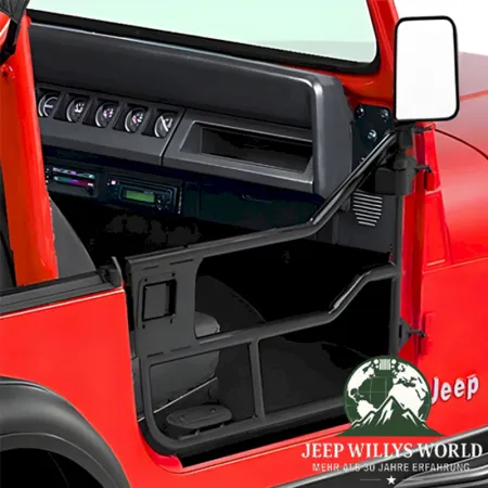 Element Doors Halbtüren HighRock 4x4 Matt Schwarz Bestop, pulverbeschichtet Jeep CJ7, CJ8, Wrangler YJ (80-95). montiert Nahansicht.