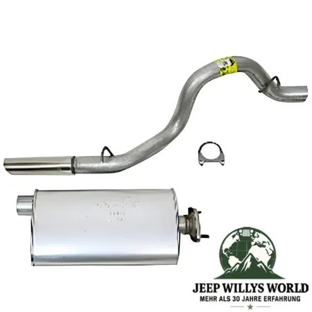 Performance Sport Endschalldämpfer und Endrohr mit 2,5" für 4,0L Motor. Jeep Wrangler TJ (2000-2006), voller Lieferumfang abgebildet (Schalldämpfer, Rohr und Schelle).