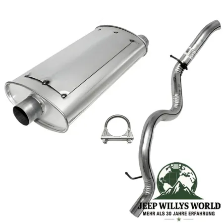Endschalldämpfer & Endrohr Set (aluminisiert) mit 2,25" (57,15 mm) für 2,5L Motor. Jeep Wrangler TJ (1996-23.01.2000), voller Lieferumfang inkl. Schelle abgebildet.