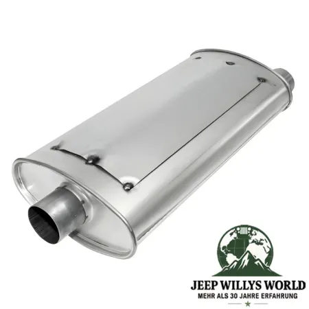Endschalldämpfer (aluminisiert) mit 2,25" (57,15 mm) für 2,5L 4,0L Motor. Jeep Wrangler TJ (1996-23.01.2000), Eingangs Seite abgebildet, Oberseite sichtbar.
