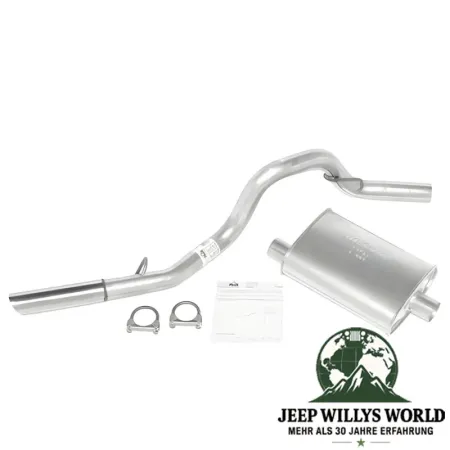 Performance Sport Endschalldämpfer und Endrohr mit 2,5" für 2,5L oder 4,0L Motor. Jeep Wrangler TJ (1996-2002), voller Lieferumfang abgebildet (Schalldämpfer, Rohr und Schellen).