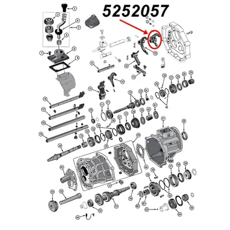 Schaltgabel 1. & 2. Gang AX15 Schaltgetriebe Jeep XJ Wrangler YJ TJ Grand Cherokee ZJ (87-99), Explosionszeichnung, die mit rotem Pfeil die Position der Schaltgabel am Schaltgetriebezeigt.