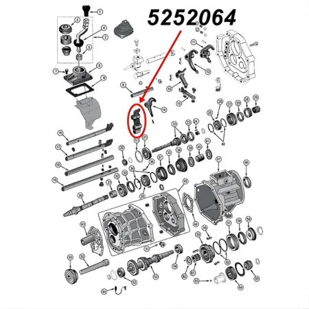 Schalthebel Rückwärtsgang AX15 Schaltgetriebe Jeep XJ Wrangler YJ TJ Grand Cherokee ZJ (87-99), Explosionszeichnung, die mit rotem Pfeil die Position des Schalthebels am Schaltgetriebezeigt.