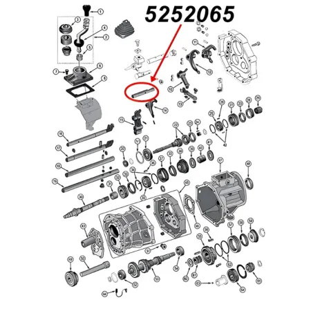Hintere Schaltstange, Schaltwelle für den Rückwärtsgang für AX15 Schaltgetriebe. Jeep Cherokee XJ / Wrangler YJ / TJ / Grand Cherokee ZJ / Comanche MJ (1987-1999), Explosionszeichnung, die mit rotem Pfeil die Position der Dichtung am Schaltgetriebezeigt.