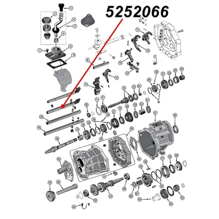 Schaltstange 1. & 2. Gang AX15 Schaltgetriebe Jeep XJ Wrangler YJ TJ Grand Cherokee ZJ (87-99), Explosionszeichnung, die mit rotem Pfeil die Position der Schaltstange am Schaltgetriebezeigt.