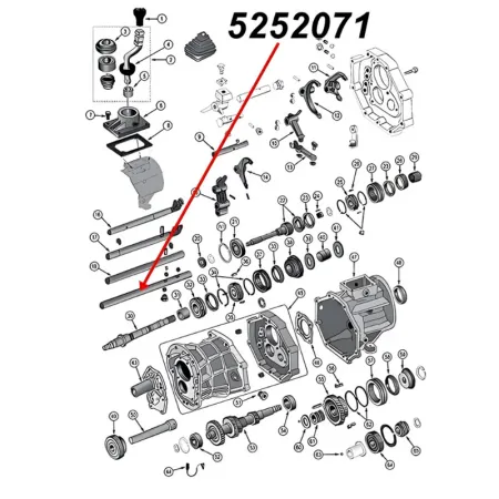 Schaltstange 5. Gang am AX15 Schaltgetriebe. Jeep Cherokee XJ / Wrangler YJ / TJ / Grand Cherokee ZJ / Comanche MJ (1987-1999), Explosionszeichnung, die mit rotem Pfeil die Position der Stange am Schaltgetriebezeigt.