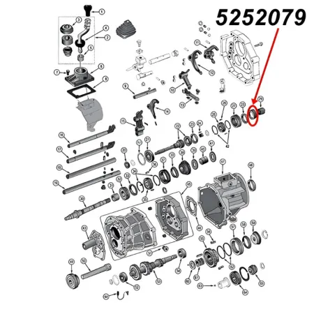 Zahnrad mit 31 Zähnen für den dritten (3.) Gang am AX15 Schaltgetriebe. Jeep Cherokee XJ / Wrangler YJ / TJ / Grand Cherokee ZJ / Comanche MJ (1987-1999), Explosionszeichnung, die mit rotem Pfeil die Position des Zahnrads am Schaltgetriebezeigt.