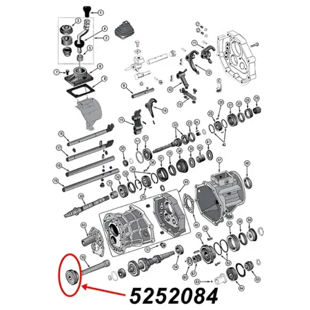 Zahnrad für den Rückwärtsgang am AX15 Schaltgetriebe. Jeep Cherokee XJ / Wrangler YJ / TJ / Grand Cherokee ZJ / Comanche MJ (1987-1999), Explosionszeichnung, die mit rotem Pfeil die Position des Zahnrads am Schaltgetriebezeigt.