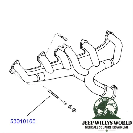 Stehbolzen am Abgaskrümmer für 4., 6. oder 8. Zylinder Motoren. Jeep Cherokee XJ / Wrangler YJ / TJ / Grand Cherokee ZJ / Comanche MJ (1984-1999), technische Zeichnung die den Bolzen am Krümmer zeigt.