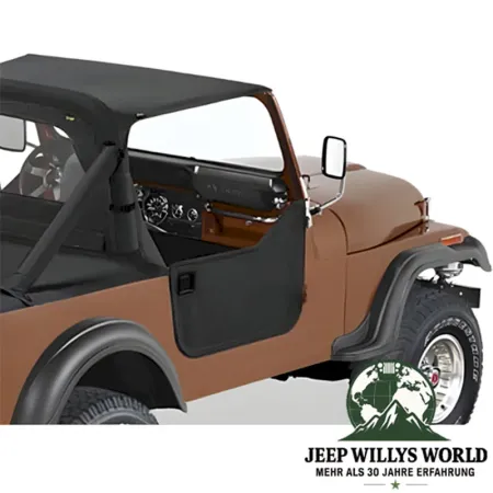Halbtüren Verdeckmaterial Bestop Black Denim (Kunstleder, strukturiert) mit Türgriffen Jeep CJ7 (76-80). montiert mit passendem Bikini Top, Windjammer und Duster heckabdeckung, Nahaufnaufnahme.