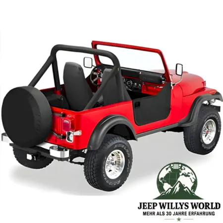 Halbtüren Verdeckmaterial Bestop Black Denim (Kunstleder, strukturiert) mit Türgriffen Jeep CJ7 (76-80). montiert.