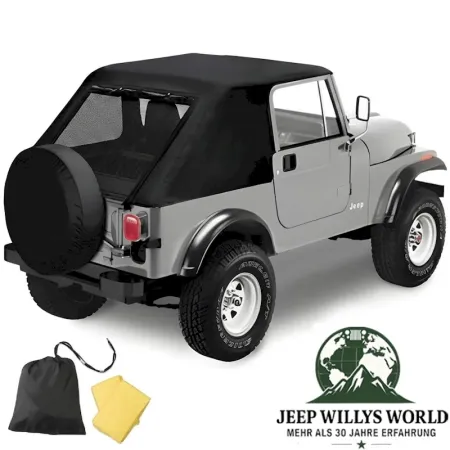 Emergency Soft Top Notfall Verdeck schwarz Jeep CJ7, YJ (76-91), montiert, Stautasche und Regenponchos ebenfalls abgebildet.