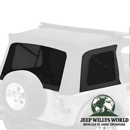 Sunrider Soft Top Black Denim mit getönten Scheiben Jeep CJ7, Wrangler YJ (76-95). Hervorgehoben auf ausgegrauter Soft Top Detailansicht.