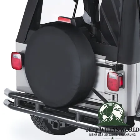 Bestop Reserveradhülle Black Diamond 28 inch Jeep CJ5, CJ7, CJ8, Wrangler YJ, TJ, JK (76-18), montiert, Nahansicht.