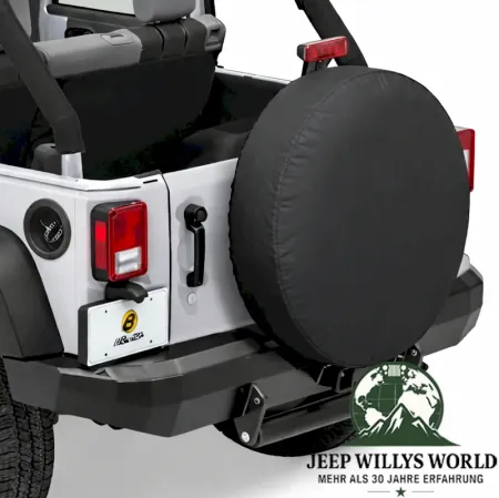 Bestop Tire Cover Black Denim 33inch Jeep CJ 5, CJ7, CJ8, Wrangler YJ, TJ, JK (55-18), mounted.