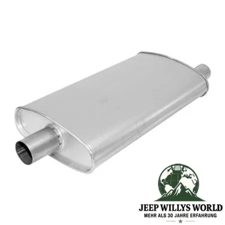Endschalldämpfer (aluminisiert) mit 2,25" (57,15 mm) Rohreingang, 2" (50,80 mm) Rohrausgang für 4,0L und 5,2L Benzin Motor. Jeep Grand Cherokee ZJ / ZG (1992-1998), Eingang abgebildet.