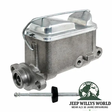 Hauptbremszylinder 10" Trommelbremse Jeep CJ5 CJ7 78-86 mit Bremskraftverstärker, seitlich / frontal, Anschluss zu erkennen.