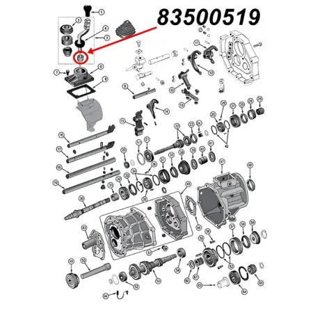 Gummi Buchse, Puffer für Schaltgestänge am AX4, AX5 oder AX15 Schaltgetriebe. Jeep Cherokee XJ /  Wrangler YJ / TJ / Grand Cherokee ZJ / Comanche MJ (1984-2002), Explosionszeichnung, die mit rotem Pfeil die Position der Buchse am Schaltgetriebe zeigt.